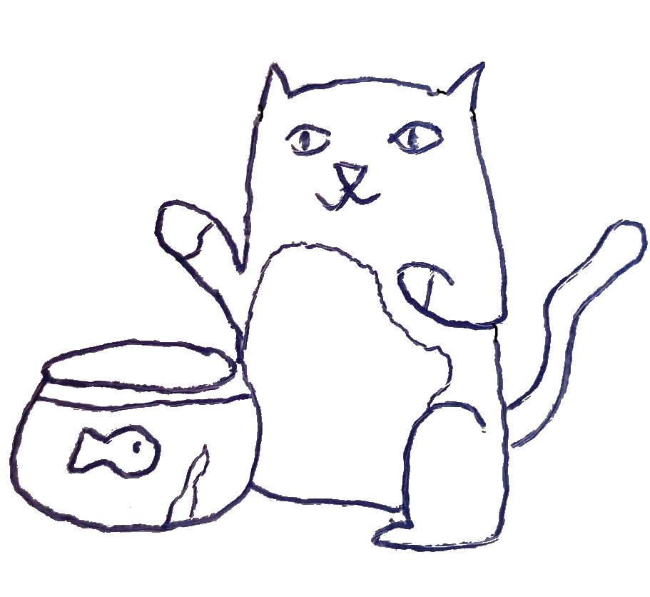 A doodle of a cat looking at a fishbowl