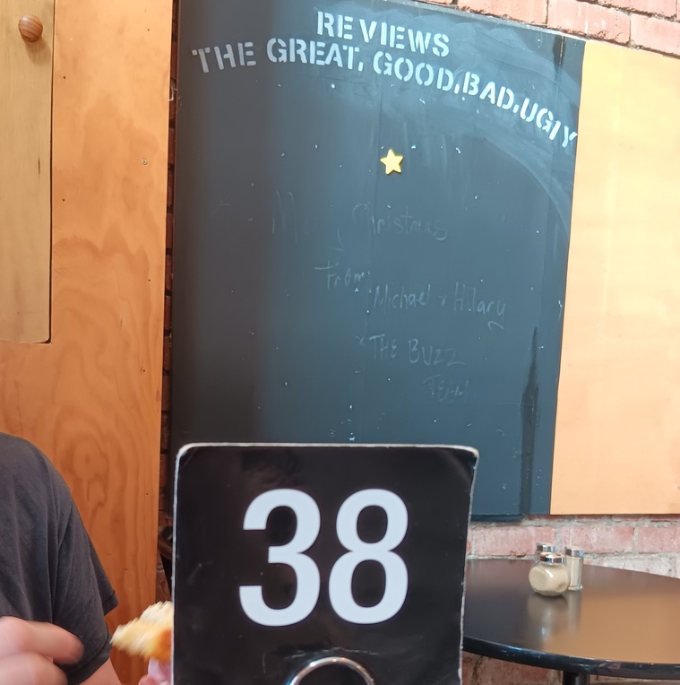 A café sign with the number 38