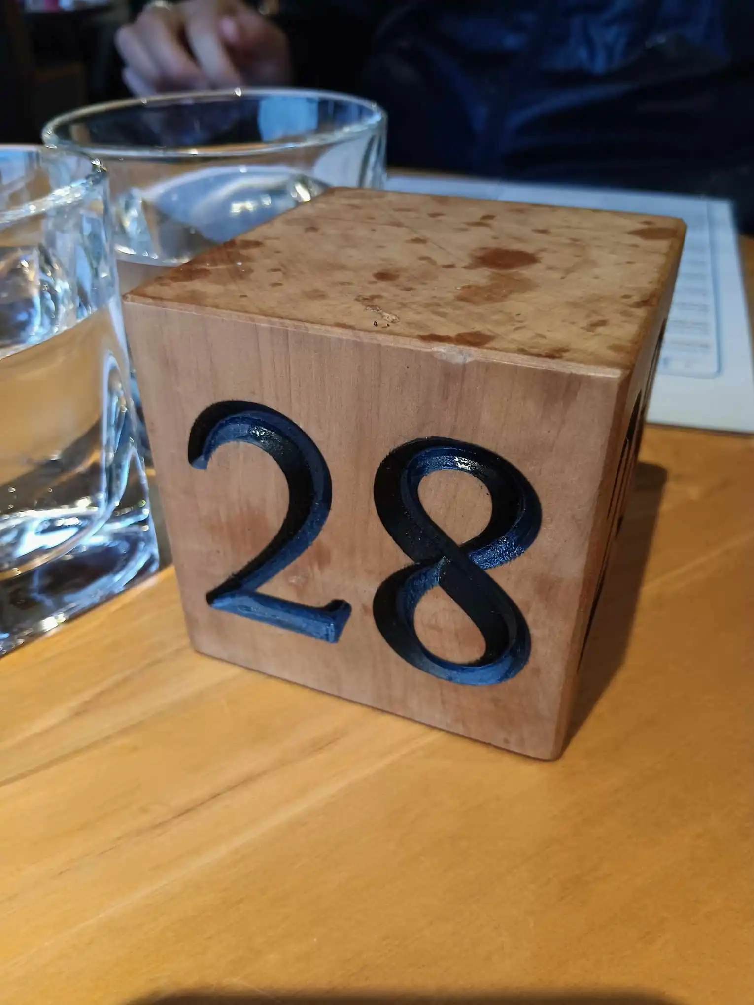 A café sign with the number 28